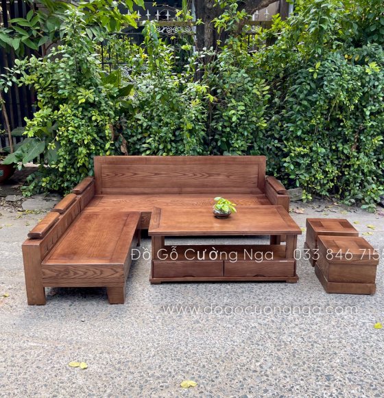 Bàn ghế phòng khách sofa góc L gỗ sồi lau màu óc chó tựa liền 