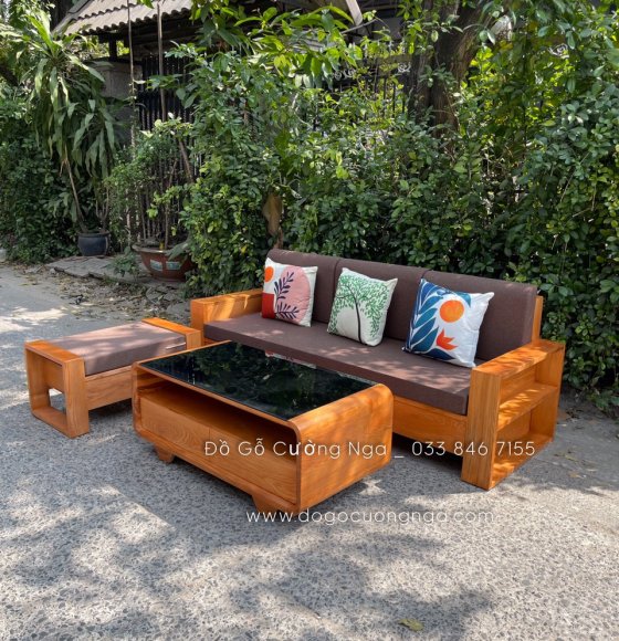 Bộ bàn ghế phòng khách gỗ sồi lau màu gõ đỏ kèm nệm văng 2m 