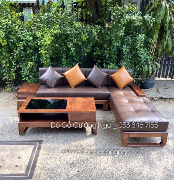 Ghế sofa gỗ sồi lau màu óc chó kèm nệm da hàn quốc hiện đại