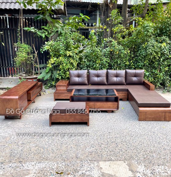 Bộ combo bàn ghế sofa góc l gỗ sồi lau màu óc chó kèm kệ tivi gỗ