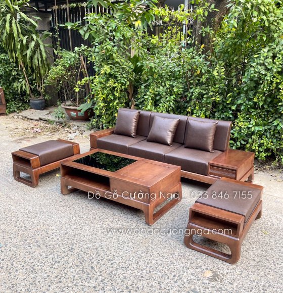 Ghế sofa gỗ sồi lau màu óc chó 4 món - văng choãi hiện đại 