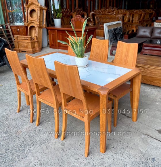 Bộ bàn ăn gỗ sồi 6 ghế mặt đá - màu gõ đỏ 