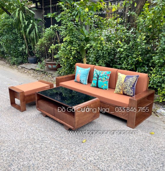 Bộ bàn ghế sofa gỗ sồi lau màu óc chó dành cho nhà nhỏ 