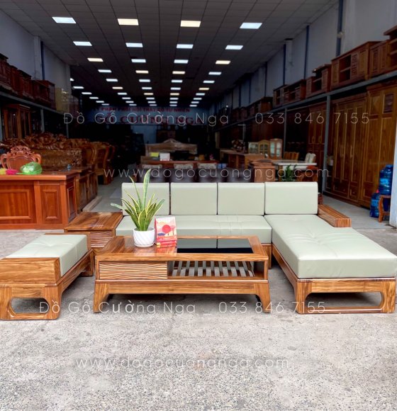Bàn ghế sofa gỗ hương xám góc L 2m8x1m8 kèm nệm da hiện đại 