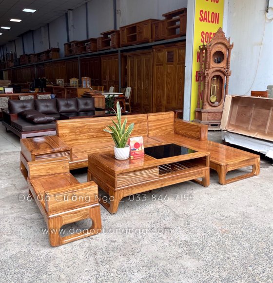 Bộ bàn ghế sofa gỗ hương xám góc L chân choãi 2m8x1m8 