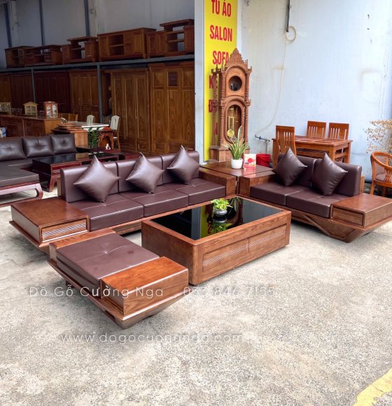 Bộ bàn ghế sofa gỗ sồi mau óc chó mẫu thuyền cao cấp - ghế 2 văng 