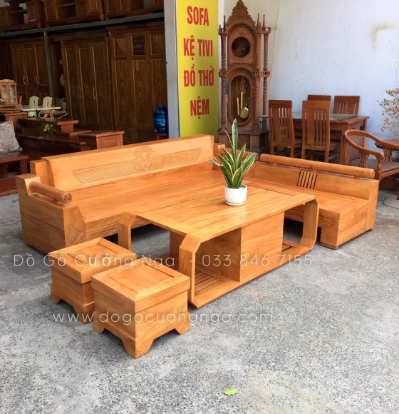 Bàn ghế sofa góc L gỗ gõ đỏ cao cấp mẫu kim cương 2m44x2m 