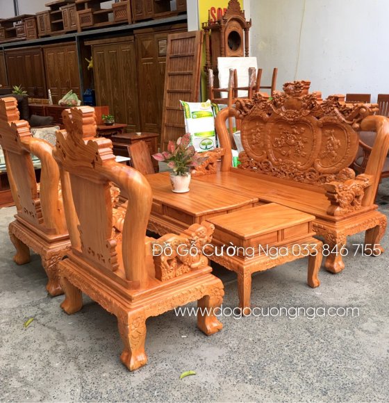 Bô bàn ghế salon gỗ gõ đỏ tay 12 - 6 món trạm nghê phượng cao cấp 