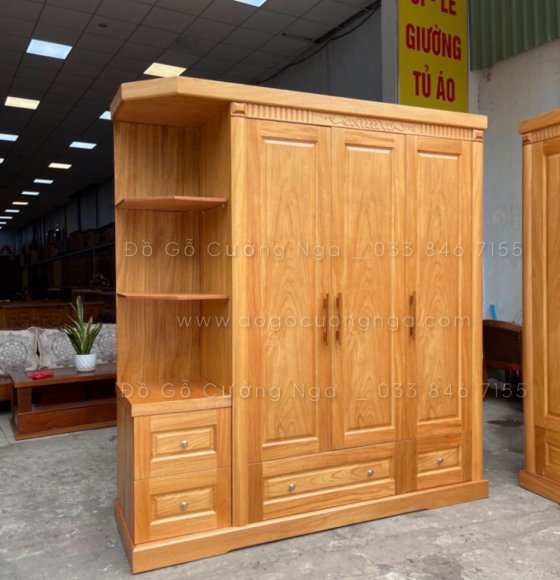 Tủ quần áo gỗ gõ đỏ cao cấp 3 cánh kèm góc trang trí vế trái hiện đại 