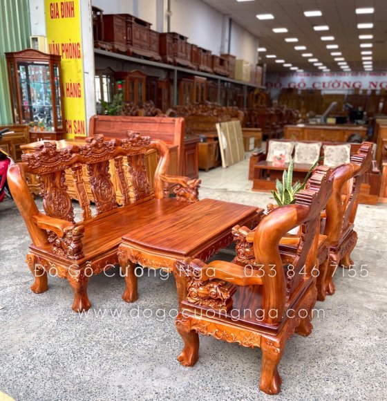 Bộ bàn ghế salon gỗ xà cừ tay 12- 6 món trạm nghê hạt 