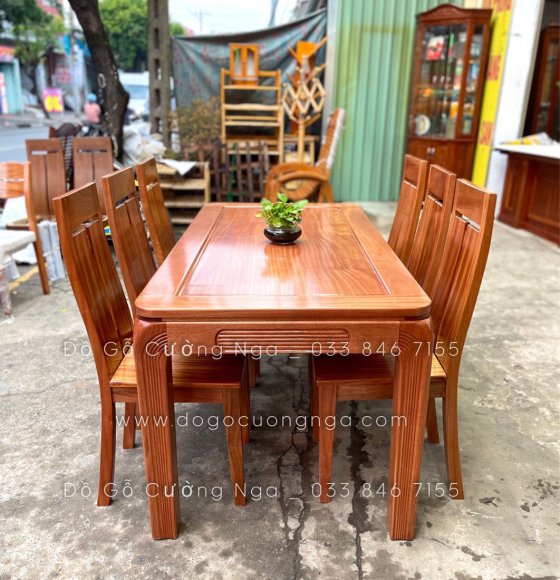 Bộ bàn ghế ăn gỗ xoan đào 6 ghế - mặt liền ghế tựa hiện đại 
