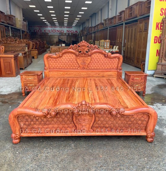 Giường gỗ hương đá cao cấp - mẫu hoa hồng