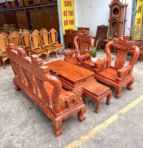 Bộ bàn ghế salon gỗ hương đá tay 12 chạm nghê hạt 