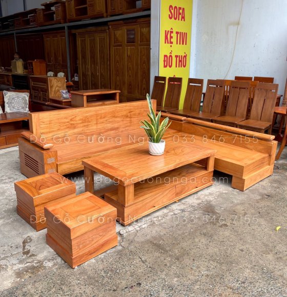 Bàn ghế sofa gỗ gõ đỏ góc chữ L 2m3x2m - tay trứng 