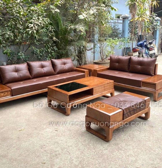 Bộ bàn ghế sofa 2 văng gỗ sồi nga lau màu óc chó kèm nệm 
