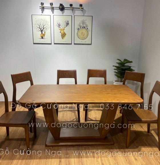 Bàn ăn gỗ sồi nga lau màu óc chó 6 ghế 