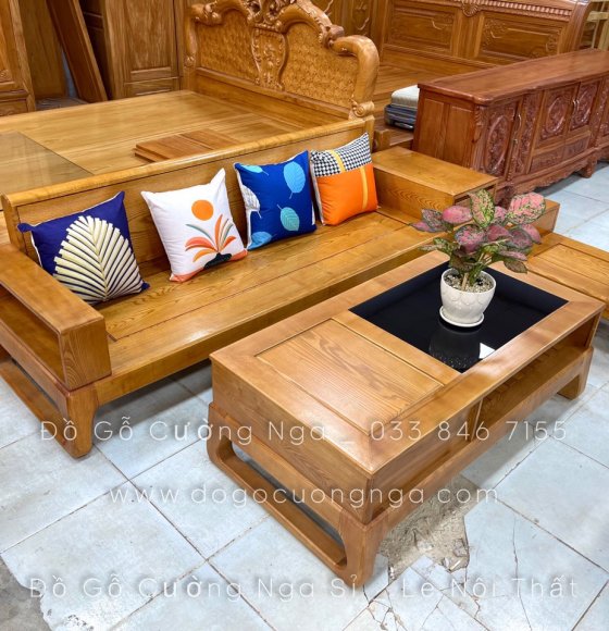 Bộ ghế sofa văng gỗ sồi nga lau màu gõ đỏ - kèm gối trang trí 