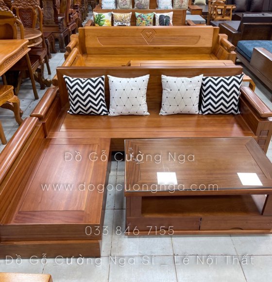 Bộ bàn ghế sofa góc L gỗ xoan đào hiện đại - kèm gối tựa 