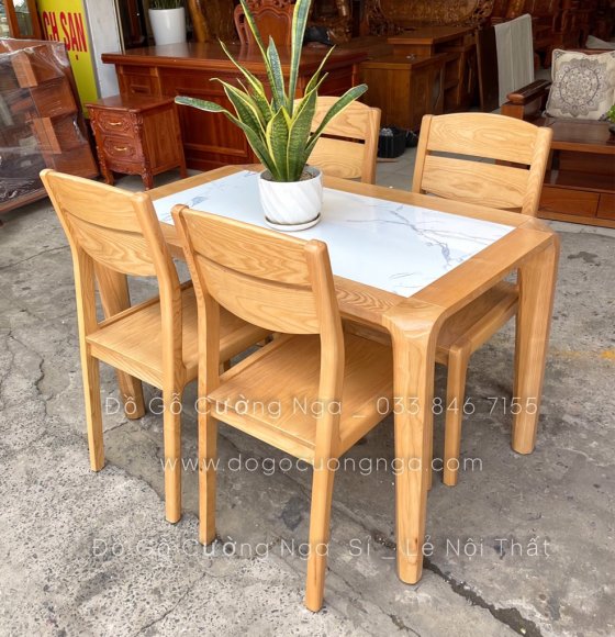 Bàn ăn gỗ sồi 4 ghế kèm mặt đá hiện đại 