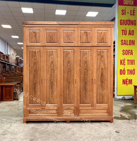 Tủ quần áo gỗ Hương Xám cao cấp 5 cánh 2 tầng - loại 1 
