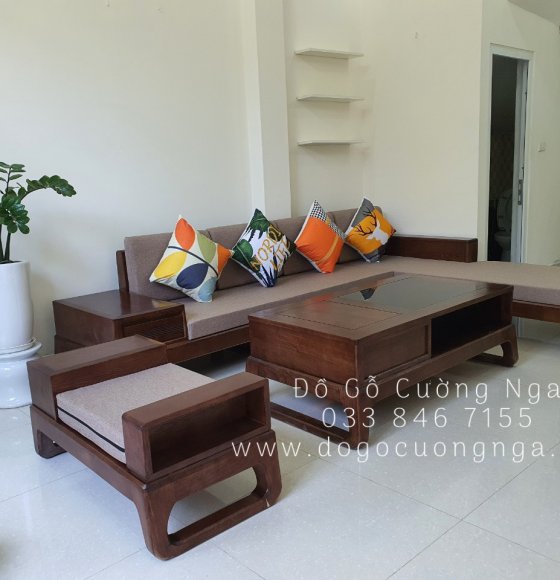 Bộ bàn ghế sofa gỗ sồi nga góc L vế phải - màu óc chó trả khách Gò Vấp 