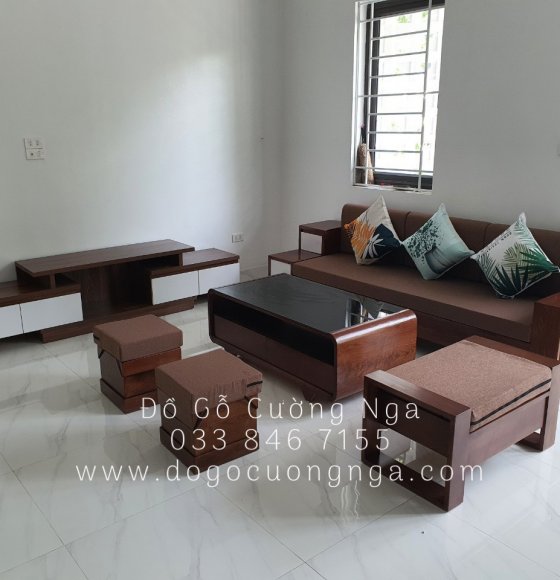 Bộ combo phòng khách sofa văng 2m3 gỗ sồi nga màu óc chó trả khách 