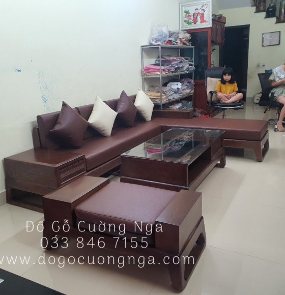 Bộ ghế sofa góc L gỗ sồi nga hiện đại màu óc chó 2m8x1m8 