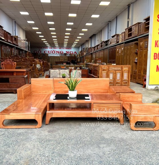 Bàn ghế sofa gỗ gõ đỏ góc L 2m8x1m8 hiện đại 