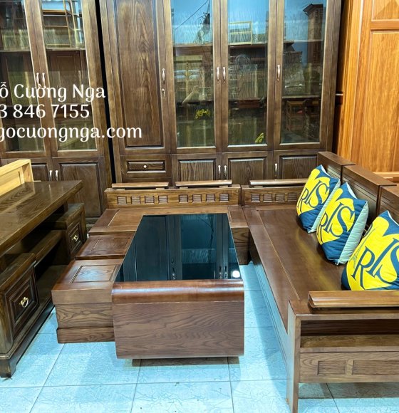 Bộ combo phòng khách gỗ sồi nga lau màu óc chó hiện đại 