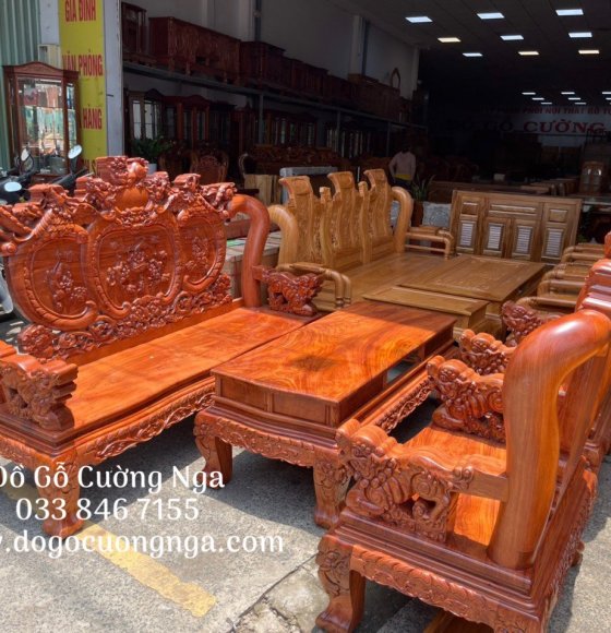 Bộ bàn ghế salon gỗ hương đá chạm nghê phượng  tay 12 liền khối 