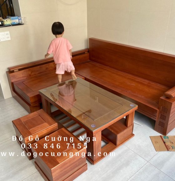 Bàn Ghế SoFa Góc Gỗ Xoan Đào 2m1x1m65 Tay Trứng Lưng Liền 