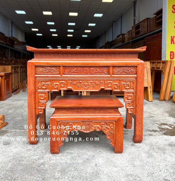 Bàn thờ gia tiên gỗ hương đá 1m53 trạm sen - kèm bàn cúng