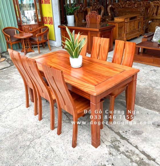 Bộ bàn ăn gỗ xoan đào 6 ghế mặt liền - ghế 2 lá 