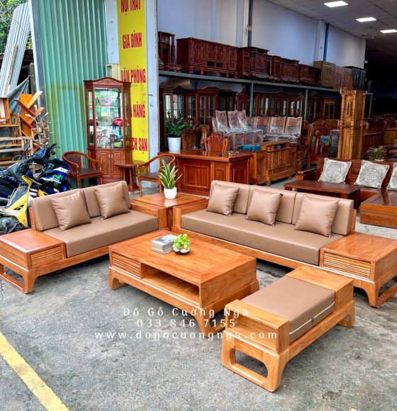Bộ bàn ghế sofa gỗ gõ đỏ hai văng cao cấp - kèm nệm 