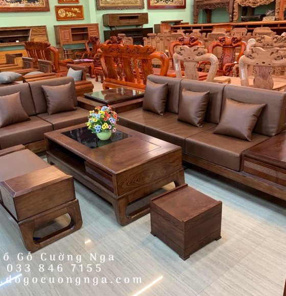 Bộ bàn ghế sofa gỗ sồi nga lau màu óc chó - kiểu chữ U 