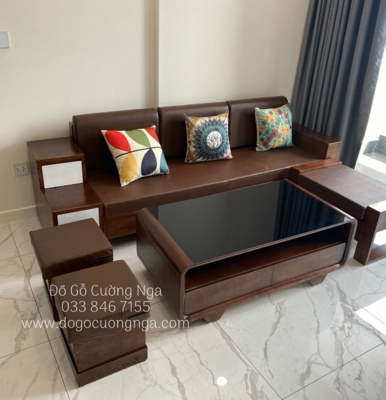 Ghế sofa văng 2m3 gỗ sồi nga lau màu óc chó - kèm nệm da 