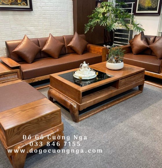 Bàn ghế sofa gỗ sồi nga lau màu hương - 2 văng đùi gà 