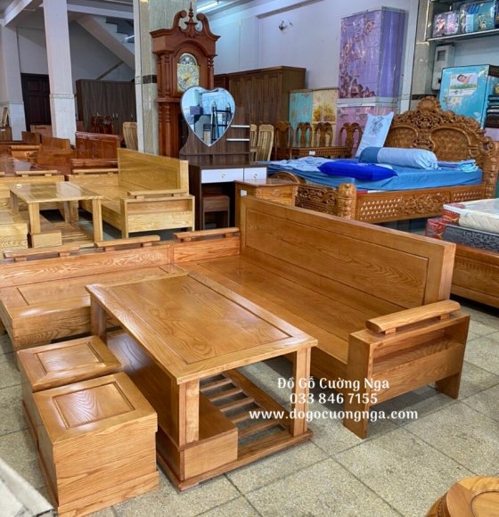 Bộ bàn ghế sofa gỗ sồi nga góc L - màu phớt vàng 