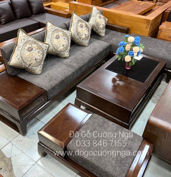 Ghế sofa góc L gỗ sồi nga lau màu óc chó 2m8x1m8 - nệm vải bố 