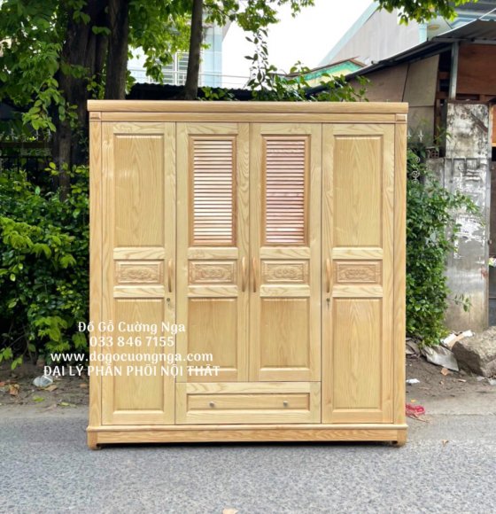 Tủ quần áo gỗ sồi nga 4 cánh - trạm đồng tiền lá sách 