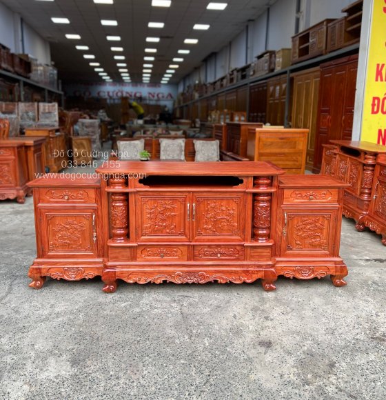 Kệ tivi gỗ hương đá 2m2 cột nho - kiểu mâm 