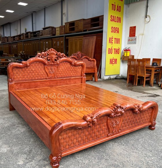 Giường gỗ hương đá cao cấp mẫu hoa hồng - vạt phản sồi 