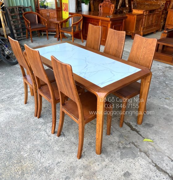 bàn ăn gỗ sồi nga 6 ghế lau màu óc chó - mặt đá chân hươu 