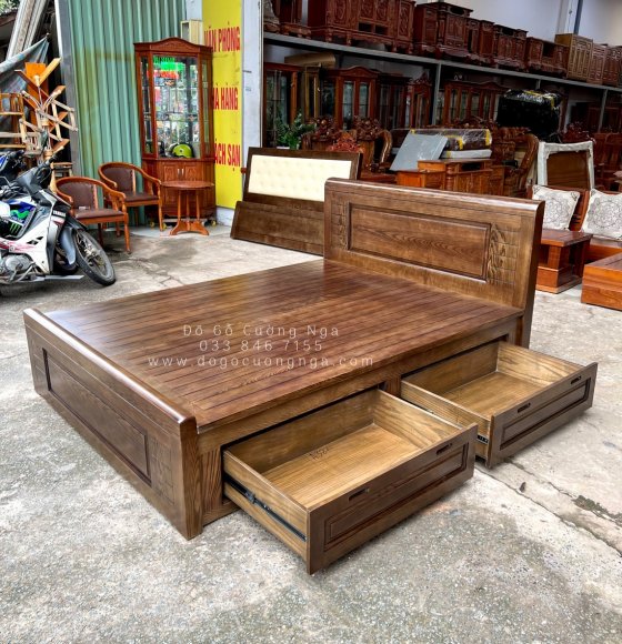 Giường gỗ sồi nga hai ngăn kéo - lau màu óc chó hiện đại 