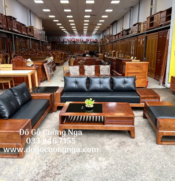 Ghế sofa gỗ sồi nga 2 văng kèm nệm da cao cấp - lau màu 