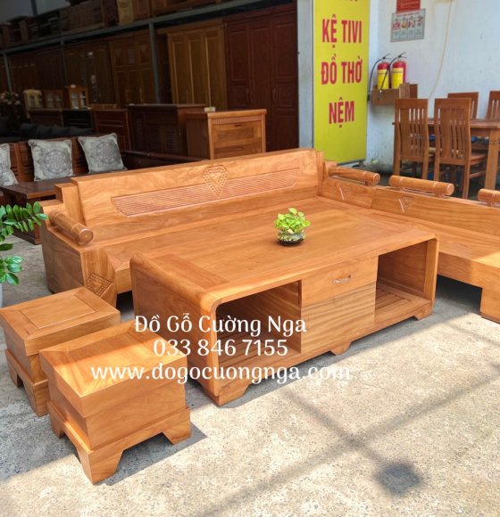 Ghế sofa góc L gỗ gõ đỏ mẫu kim cương 2m44x2m 