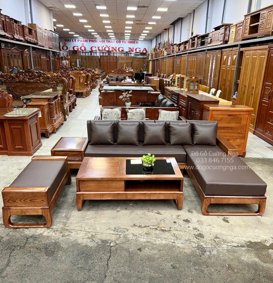 Ghế sofa góc L gỗ sồi nga lau màu 2m8x1m8 - nệm da cao cấp vế phải 