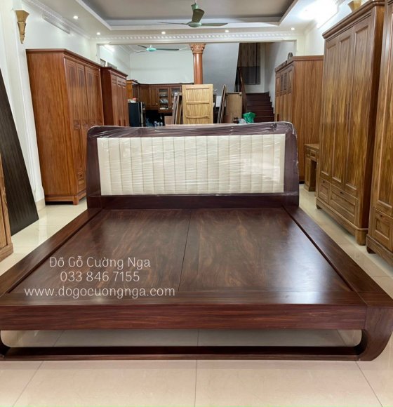Giường cẩm kiểu nhật bọc nệm - màu óc chó 