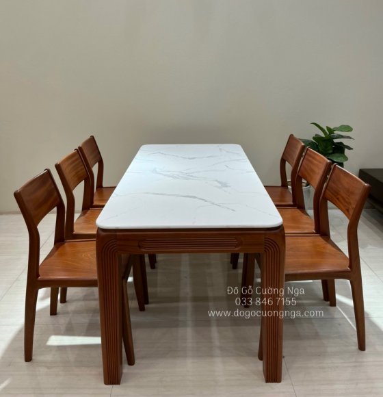 Bàn ăn mặt đá gỗ xoan đào 6 ghế hiện đại BA 76-17