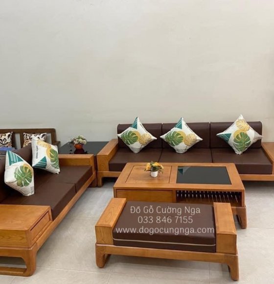 Bàn ghế sofa gỗ sồi nga lau màu gõ đỏ - ghế 2 văng kèm nệm SF 015.6